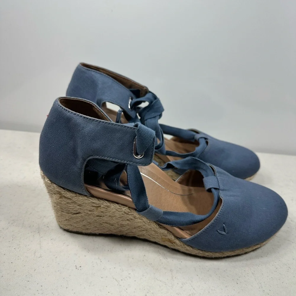 Vionic Kaitlyn Wedge Espadrille Lace Up Shoes Womens Sz 9,5 Denim Blue